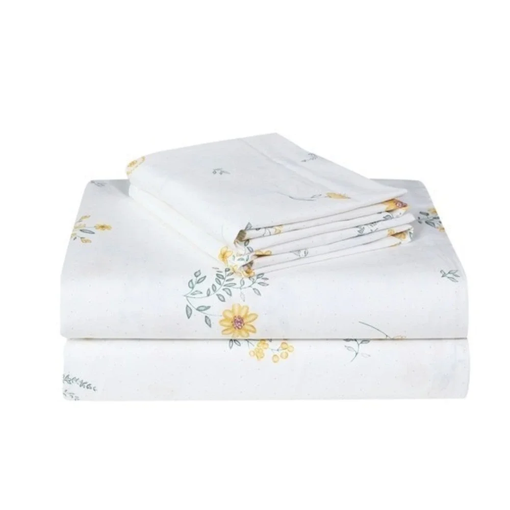 Leila Yellow Floral 100% Cotton Sheet Set‎ with Pillowcases Queen Shabby Chic